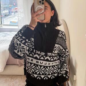 Black & White Ski Knit Zip Sweater